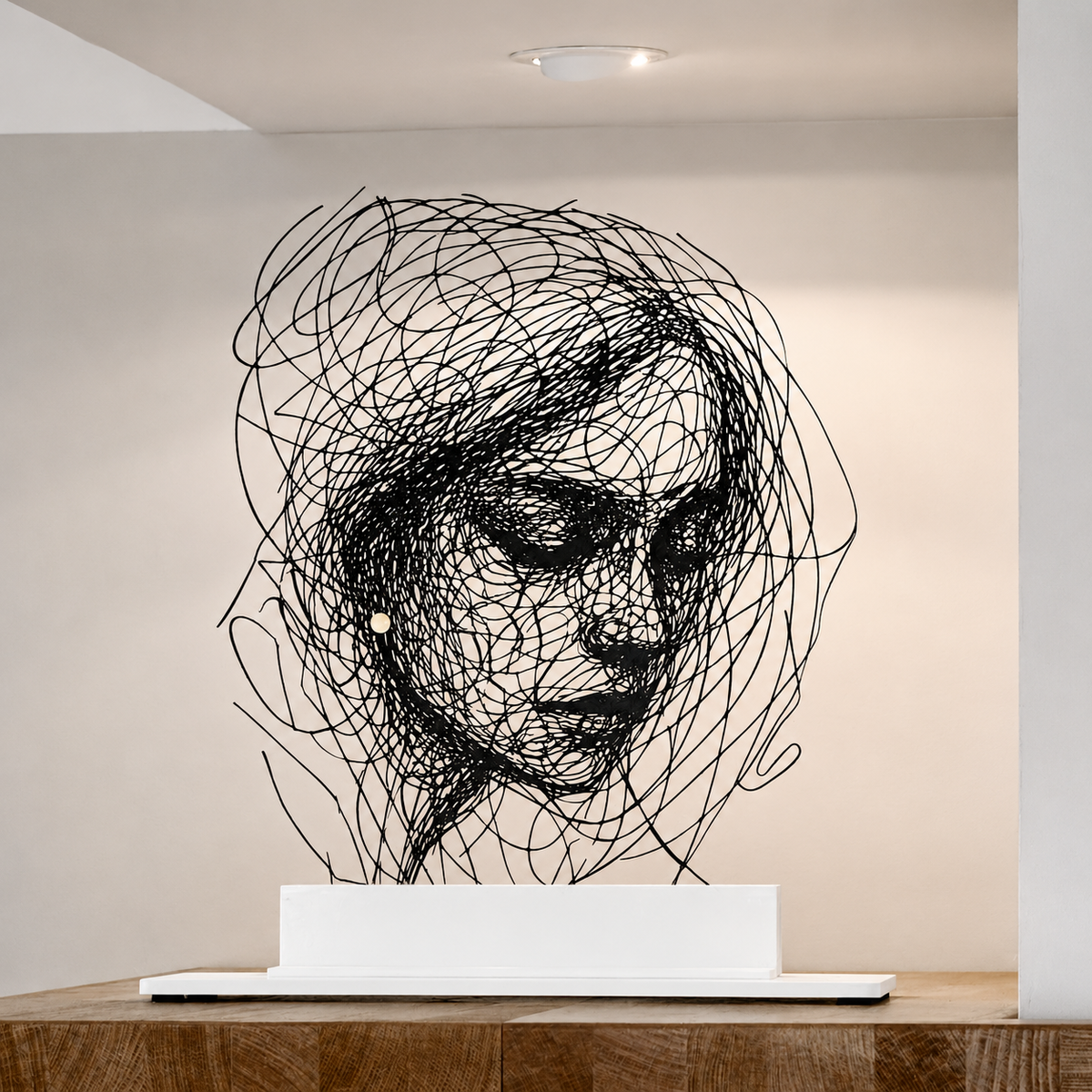 Statue d’un portrait de femme découpée avec finesse et sur un socle blanc en métal 
