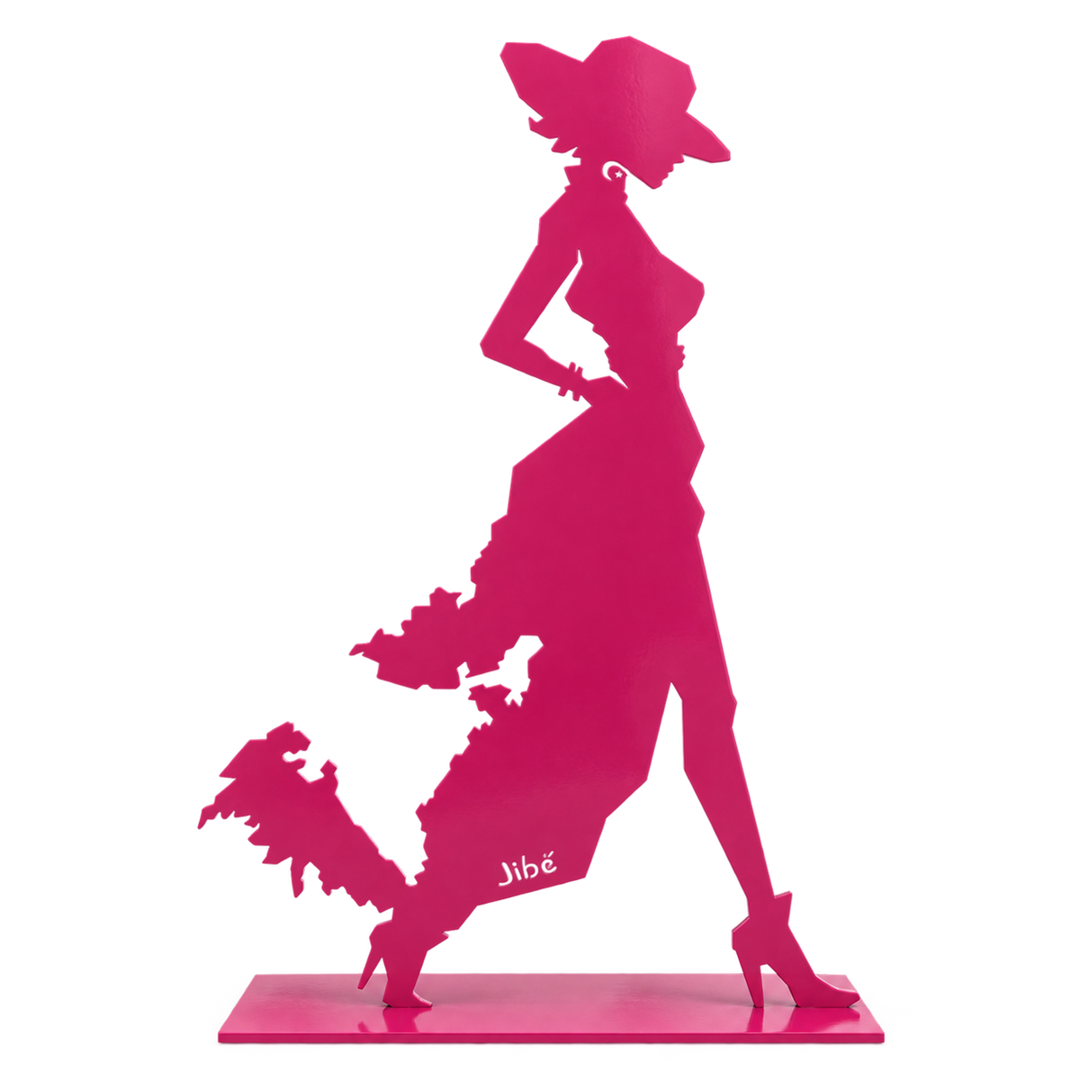 Une statue rose brillante de 1m60 avec un socle 