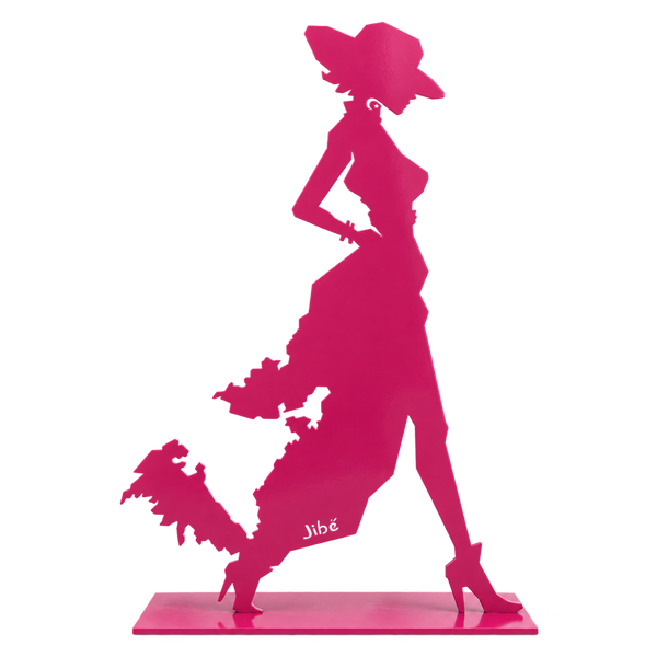 Une statue rose brillante de 1m60 avec un socle 