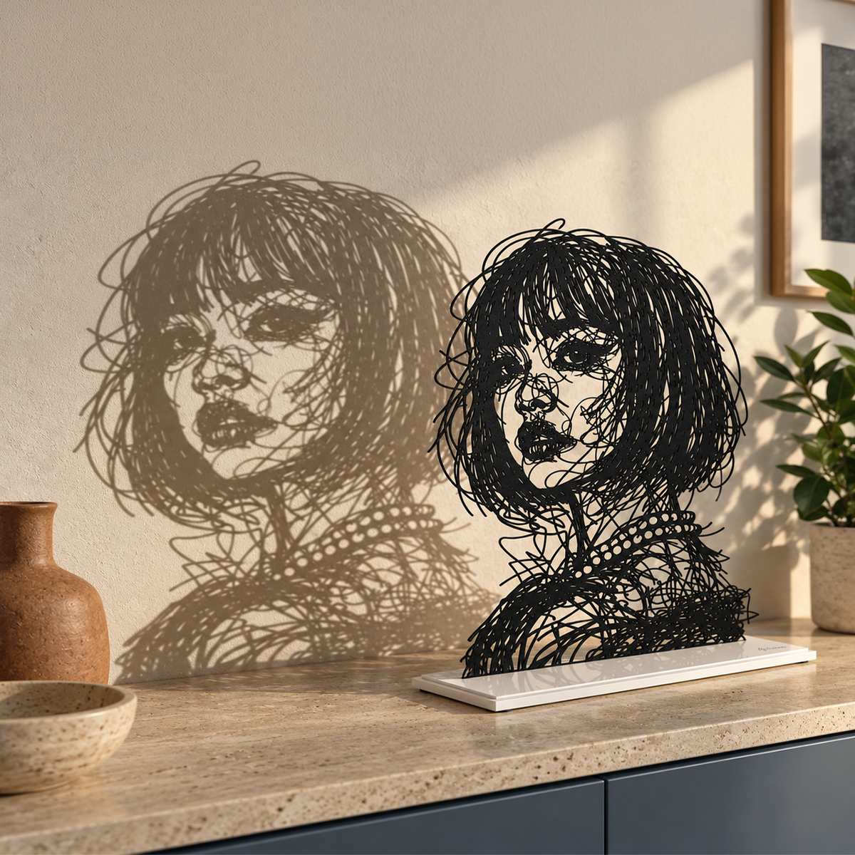 Un portrait de femme élégante cheveux court en scribble art avec son ombre portée sur un mur