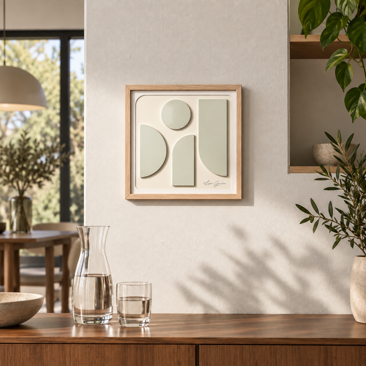 Une œuvre de Lucie garnier vue de face qui fait penser à un ange. 4 plaques de métal très légèrement teintées en vert brillant sont collés sur un fond beige texturé. L’œuvre est encadrée par un cadre en bois clair. La signature de l’artiste est gravée en bas à droite de l’œuvre. And un environment moderne avec une carafe et des plantes 