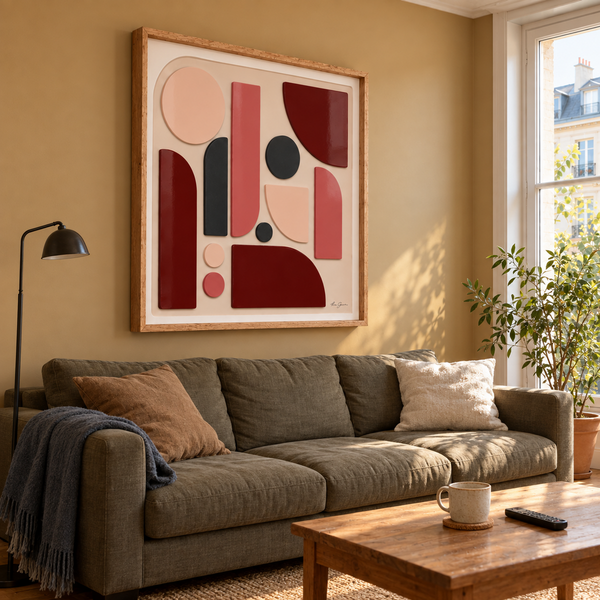 Art mural Sand city par l artiste lucie garnier vue de trois quart dans un cadre colore en volume ton rose beige et bordeaux acier laque dans un appartement parisien aux tons chauds